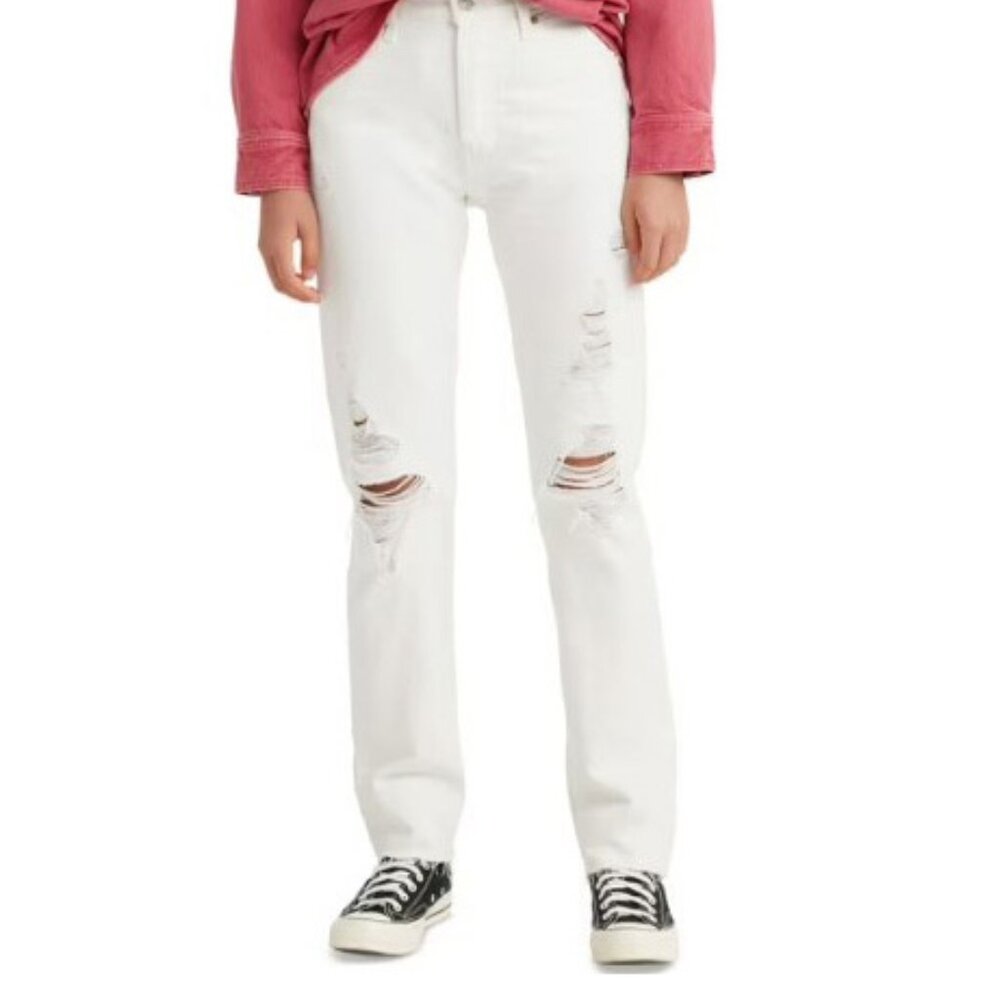 Levi's 501 NWT High Rise Straight Leg Jeans 26 X 30 White Button Fly Distressed
